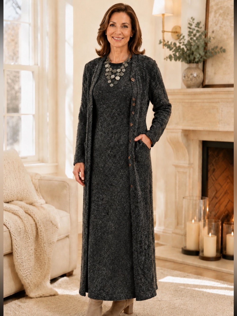 Gorgeous Cozy 2 Pcs set Charcoal Maxi Dress with Long sleeves vest❤️S